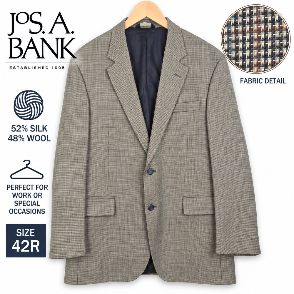 Jos A Bank Sport Coat Mens 42R Gray Blue Silk Wool Glen Plaid Blazer Two Button